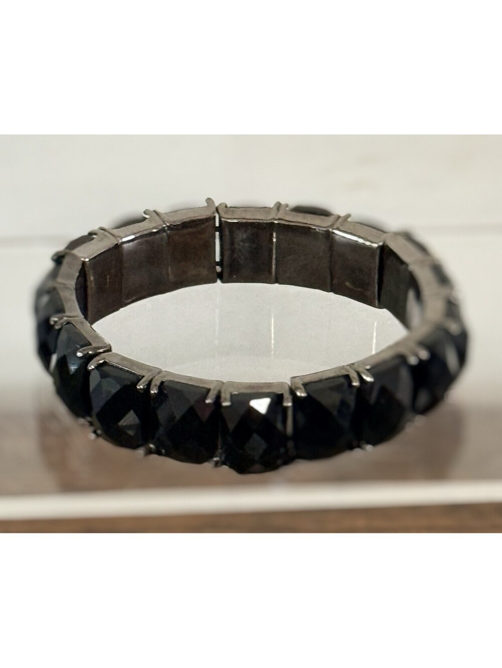 Vintage Black Crystal Silver Tone Stretch Bracelet Vibrant Elegant